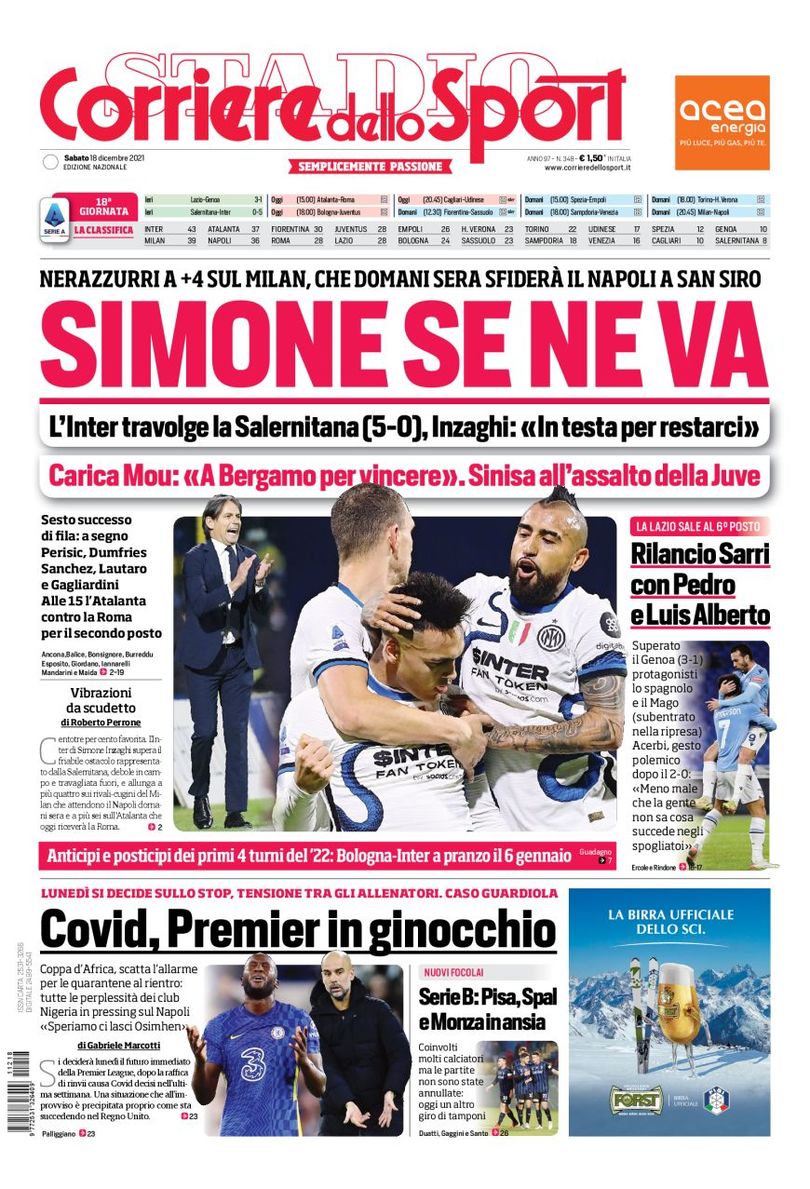 Симоне уходит. Заголовки Gazzetta, TuttoSport и Corriere за 18 декабря