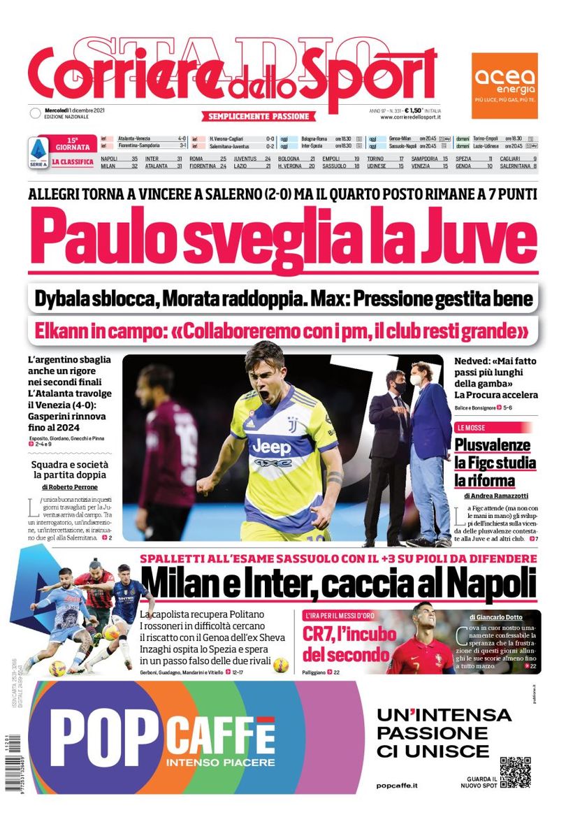 Пауло пробуждает «Юве». Заголовки Gazzetta, TuttoSport и Corriere за 1 декабря