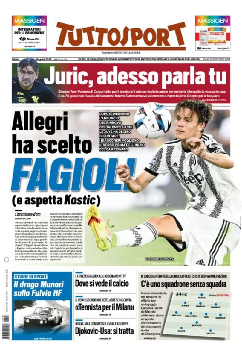 Аллегри выбрал Фаджоли (и ждёт Костича). Заголовки Gazzetta, TuttoSport и Corriere за 6 августа