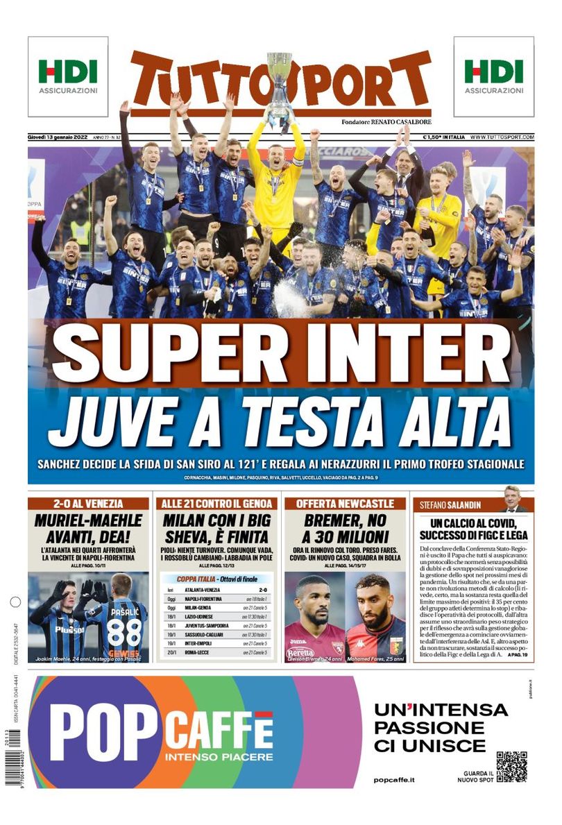 «Интер» Чудесный. Заголовки Gazzetta, TuttoSport и Corriere за 13 января