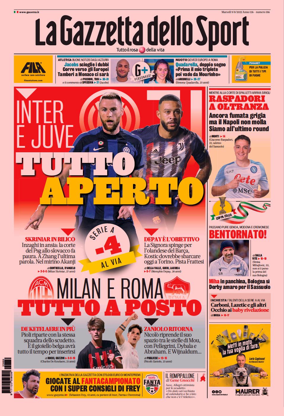 «Интер» и «Юве», всё открыто. Заголовки Gazzetta, TuttoSport и Corriere за 9 августа