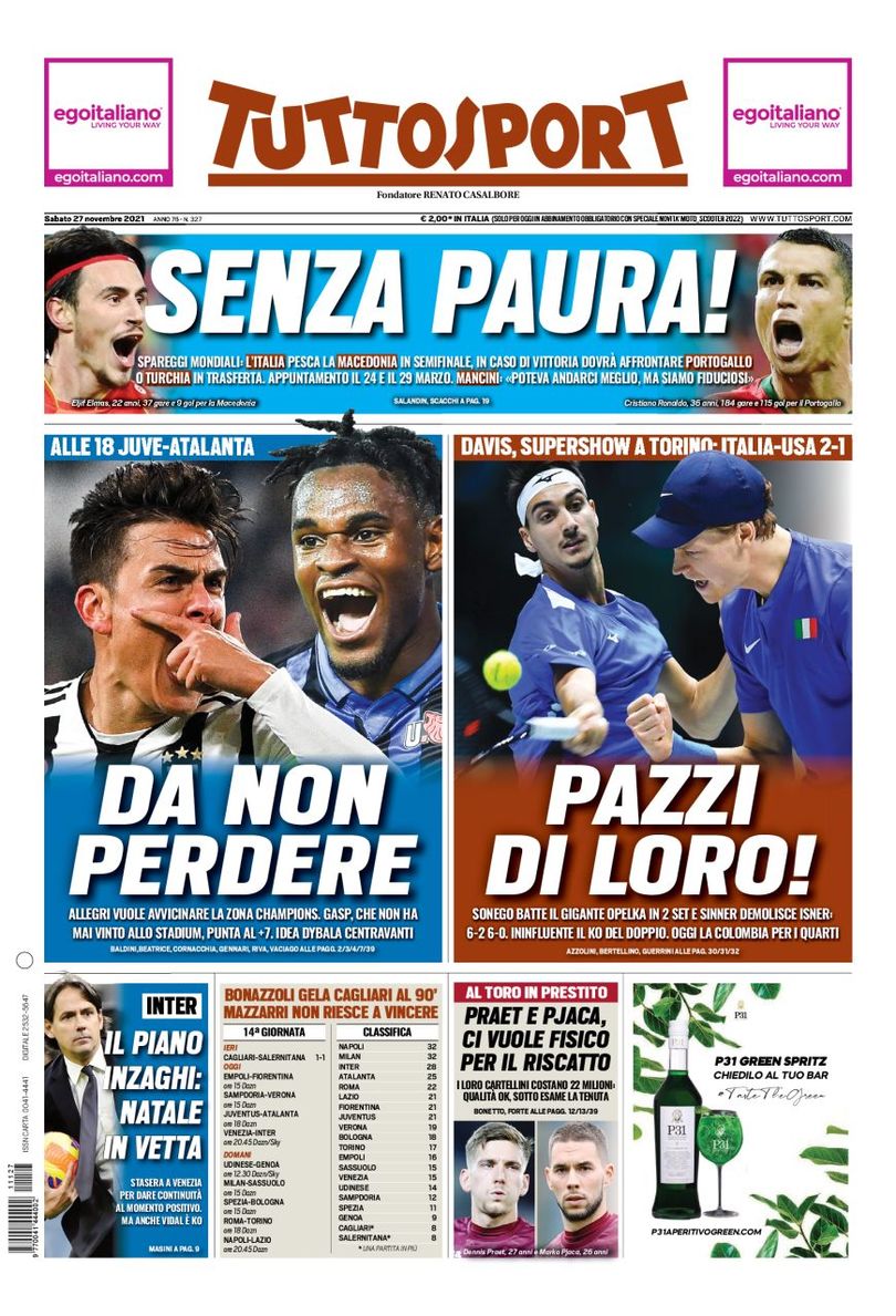 Выйди вперёд, Роналду! Заголовки Gazzetta, TuttoSport и Corriere за 27 ноября