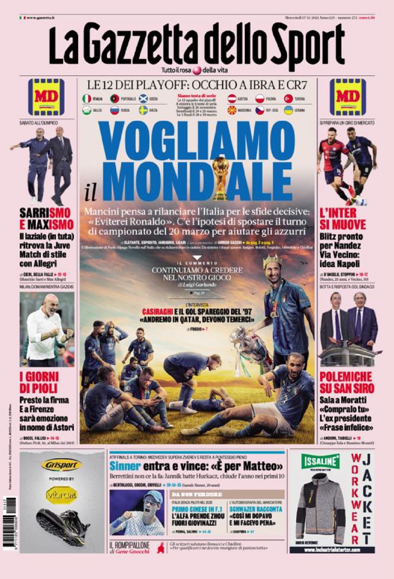Хотим Мундиаль. Заголовки Gazzetta, TuttoSport и Corriere за 17 ноября