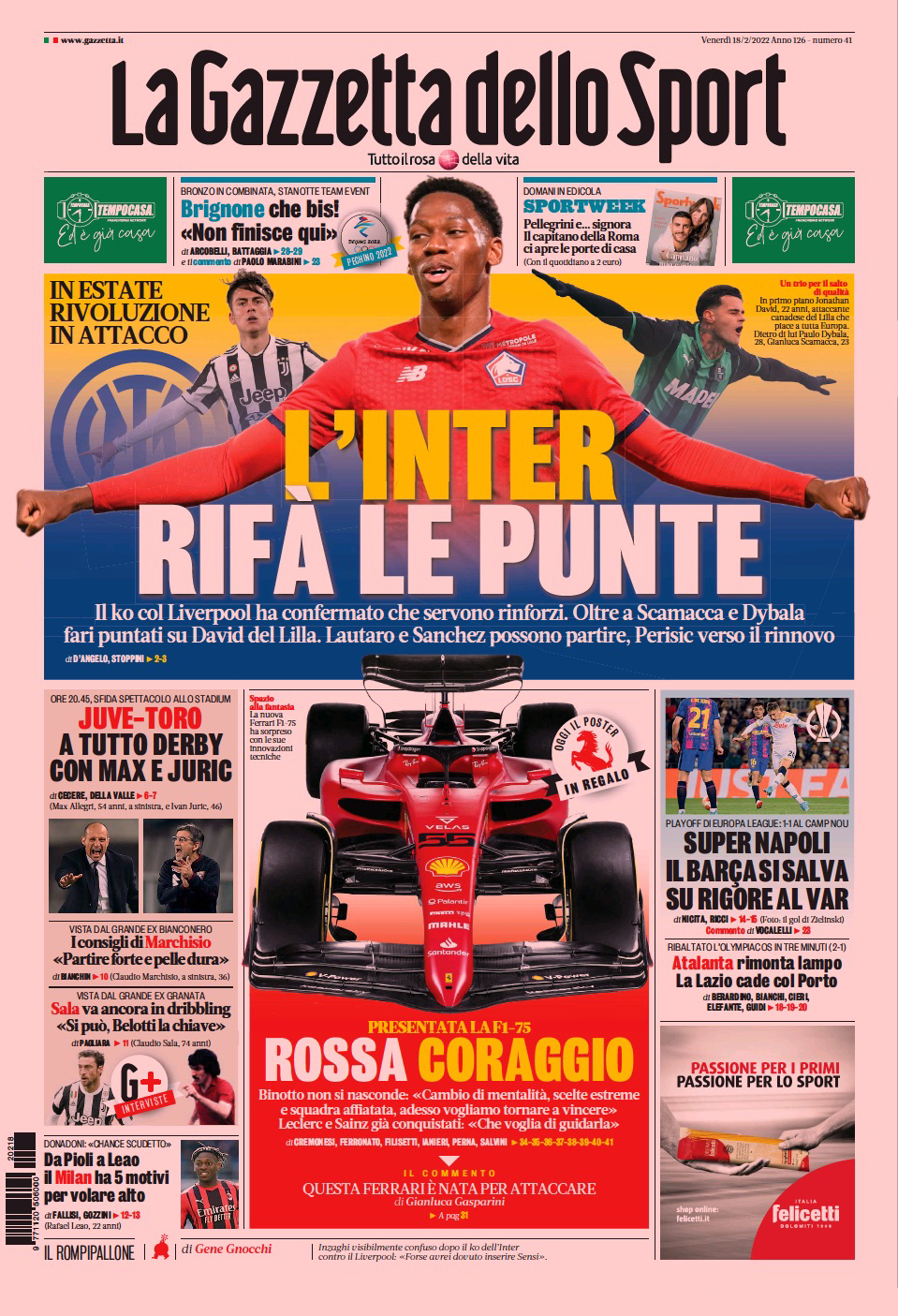 Дерби гигантов. Заголовки Gazzetta, TuttoSport и Corriere за 18 февраля