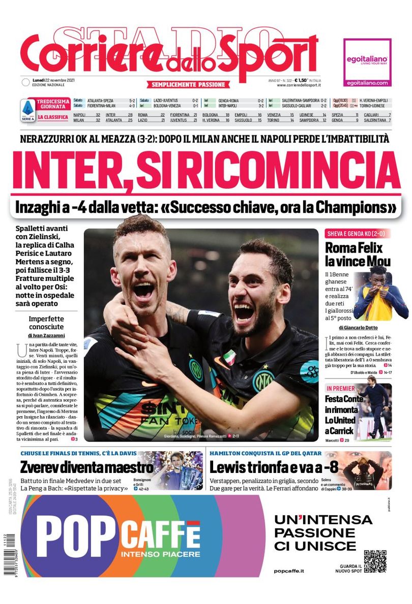«Интер», всё начинается заново. Заголовки Gazzetta, TuttoSport и Corriere за 22 ноября