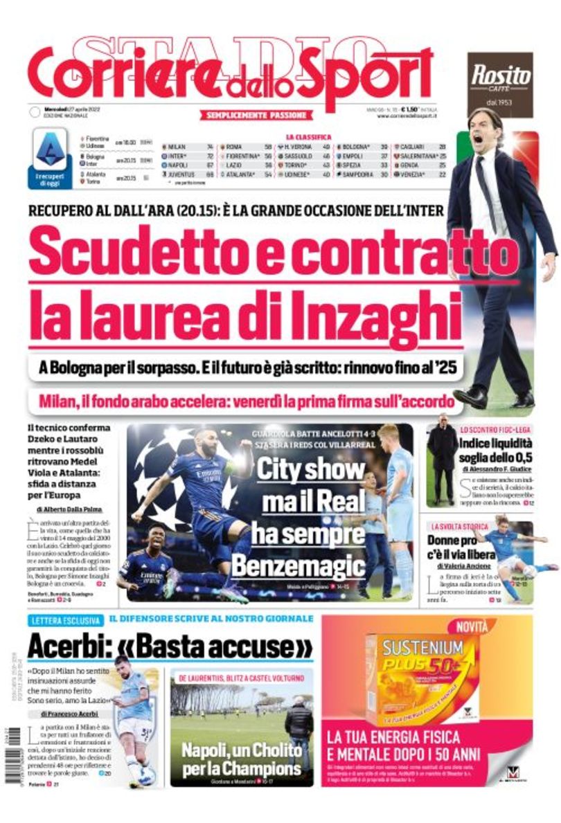 Индзаги включает поворотник. Заголовки Gazzetta, TuttoSport и Corriere за 27 апреля