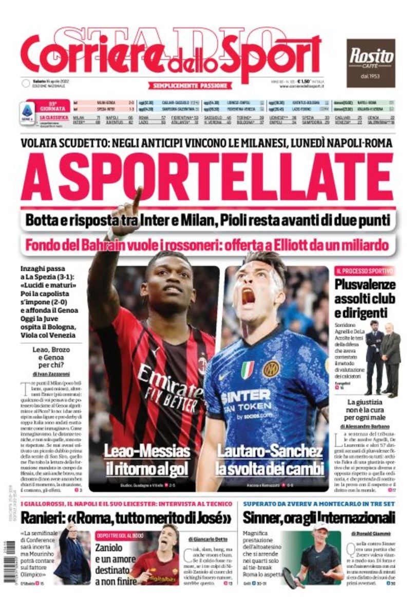 В дверях. Gazzetta, TuttoSport и Corriere за 16 апреля