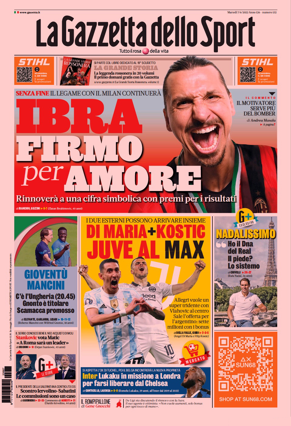 Макс хочет так. Заголовки Gazzetta, TuttoSport и Corriere за 7 июня