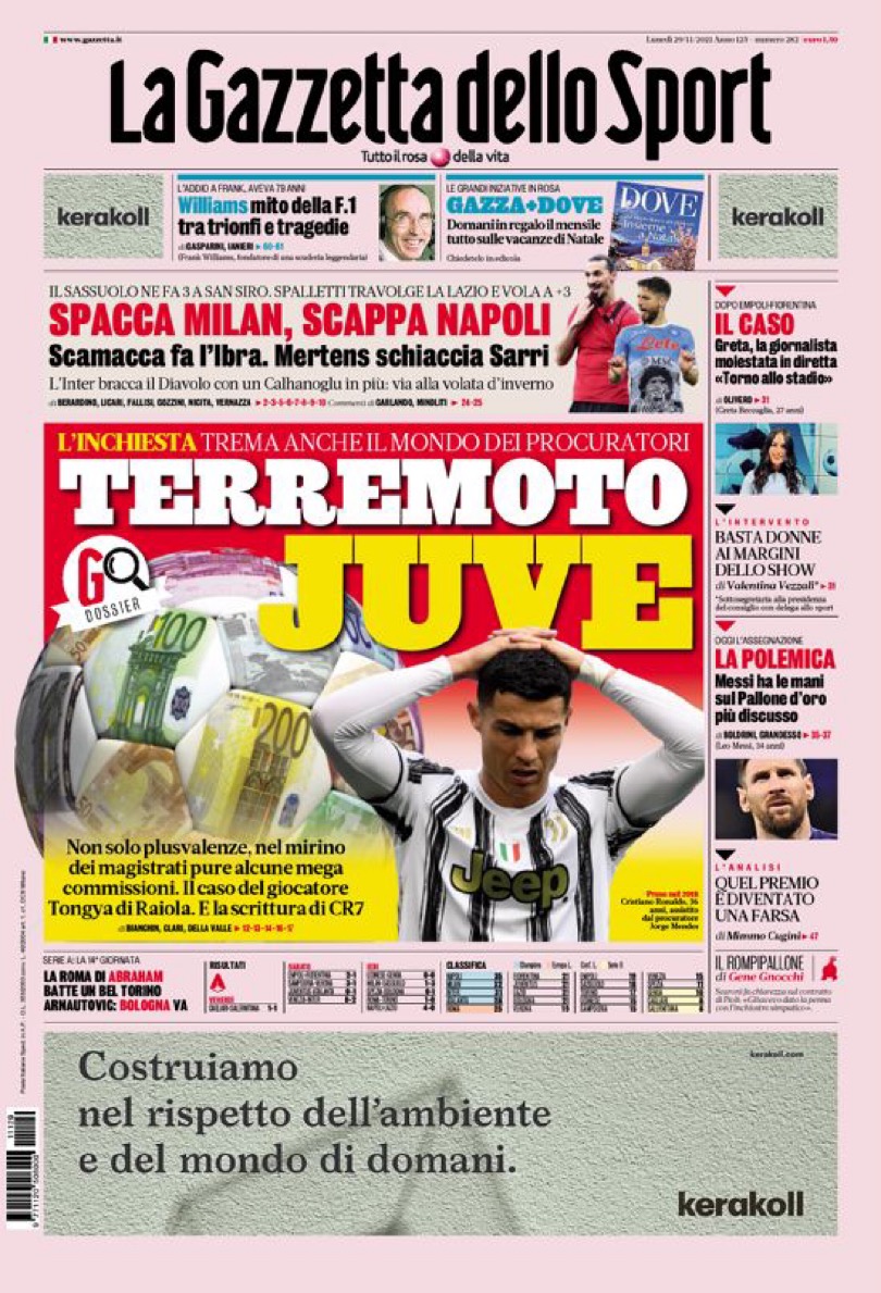 Побег «Наполи». Заголовки Gazzetta, TuttoSport и Corriere за 29 ноября