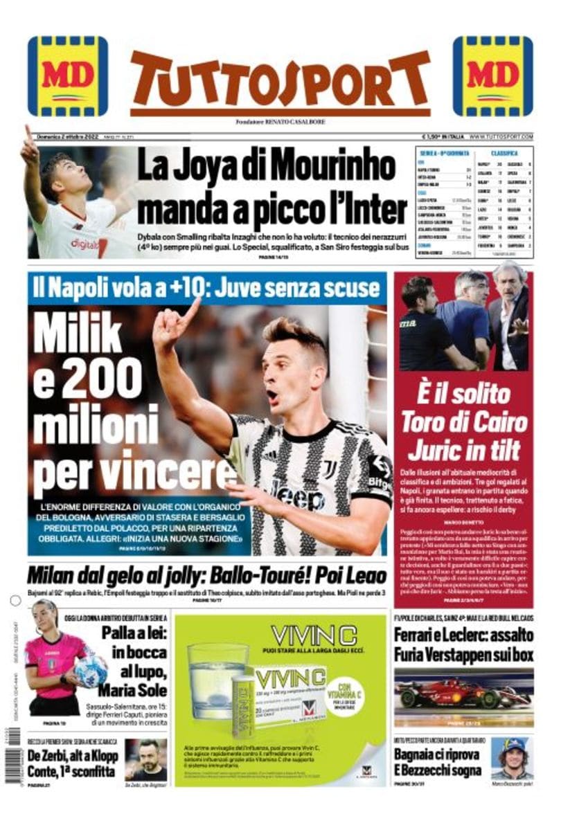 Моур потопил «Интер». Заголовки Gazzetta, TuttoSport и Corriere за 2 октября