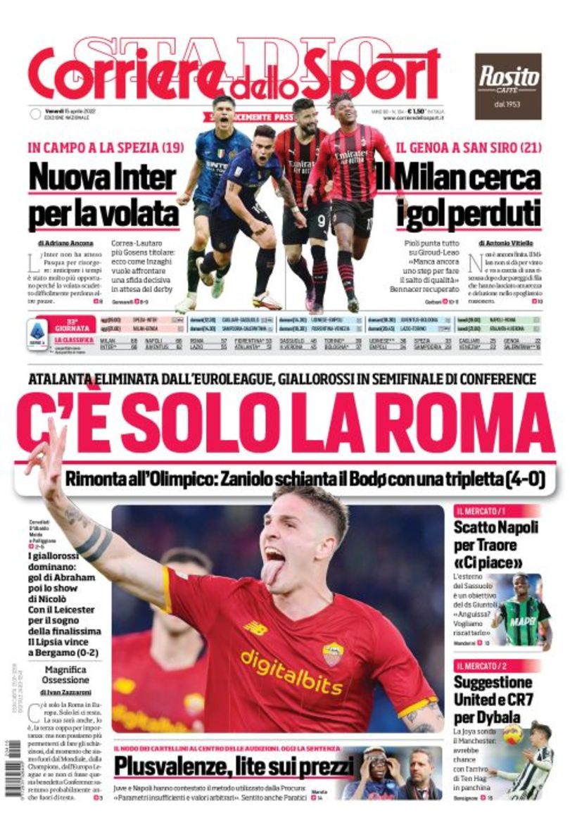 Есть только «Рома». Gazzetta, TuttoSport и Corriere за 15 апреля
