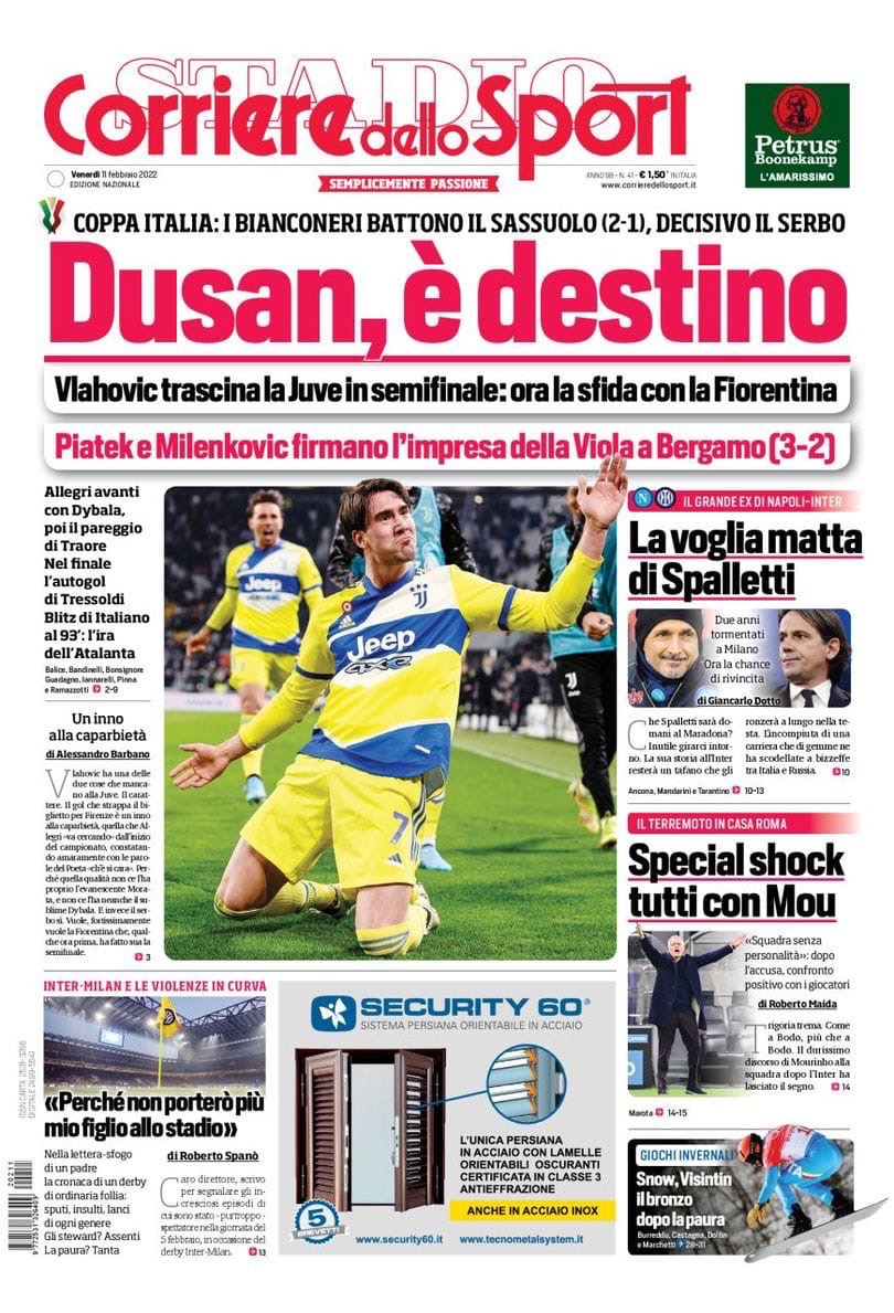 «Душан, это судьба». Заголовки Gazzetta, TuttoSport и Corriere за 11 февраля