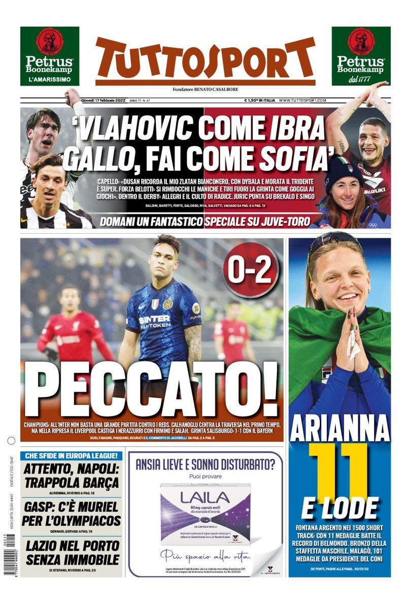 «Интер» кусает локти». Заголовки Gazzetta, TuttoSport и Corriere за 17 февраля