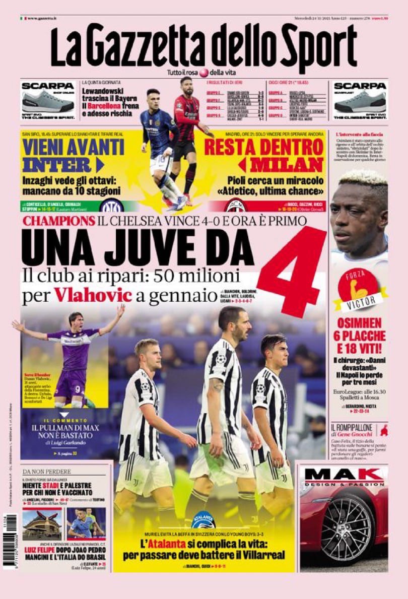 Без стыда. Заголовки Gazzetta, TuttoSport и Corriere за 24 ноября