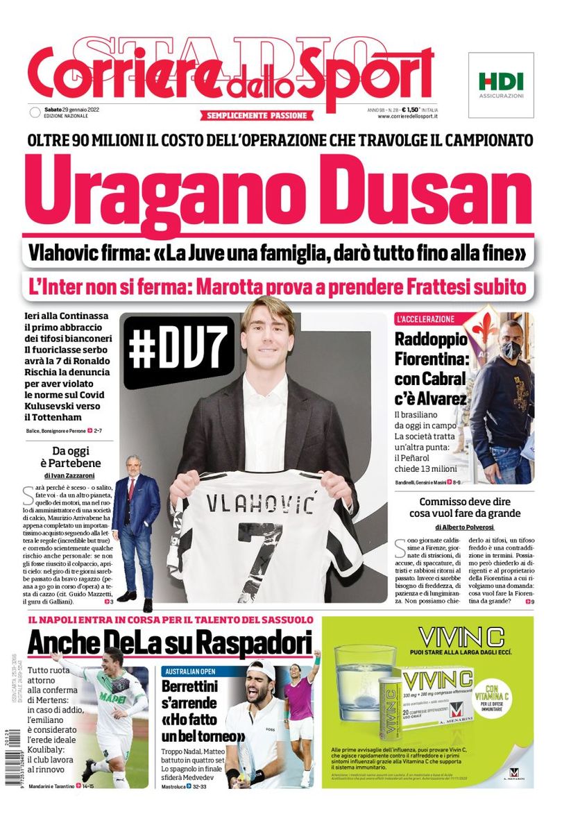 Ураган Душана. Заголовки Gazzetta, TuttoSport и Corriere за 29 января