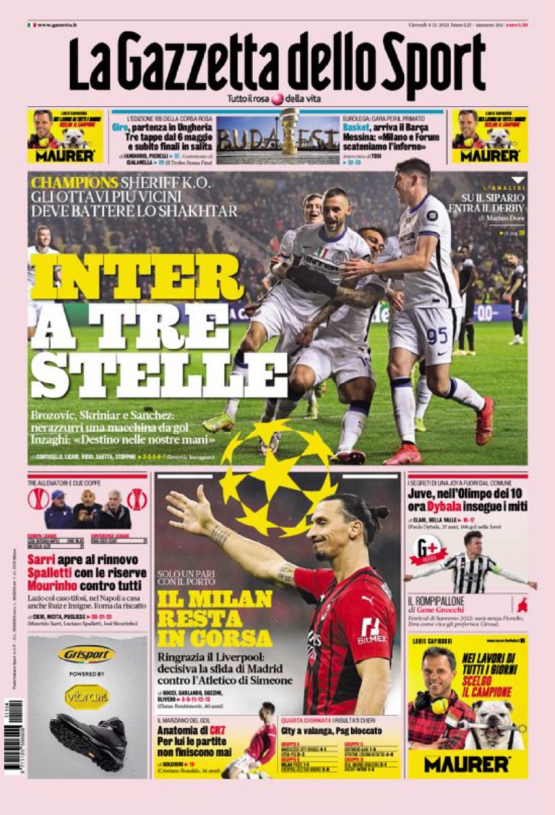 «Интер» на три звезды. Заголовки Gazzetta, TuttoSport и Corriere за 4 ноября