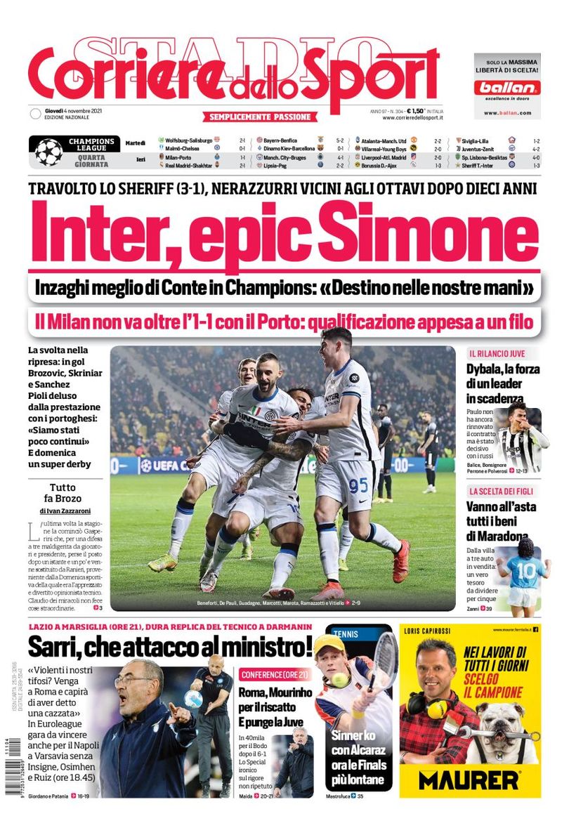 «Интер» на три звезды. Заголовки Gazzetta, TuttoSport и Corriere за 4 ноября