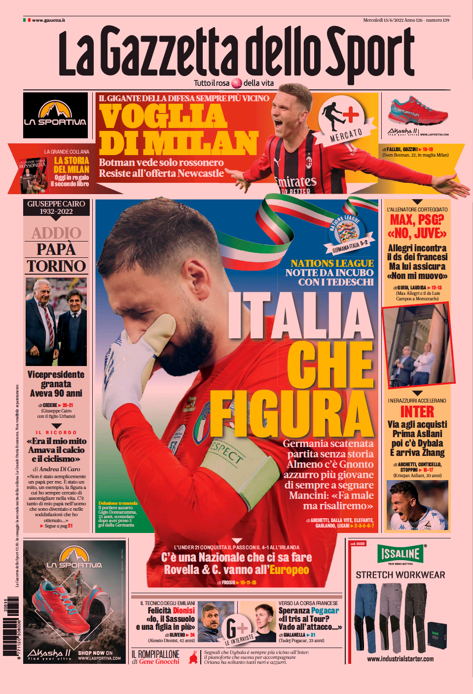 Провалили тест. Заголовки Gazzetta, TuttoSport и Corriere за 15 июня