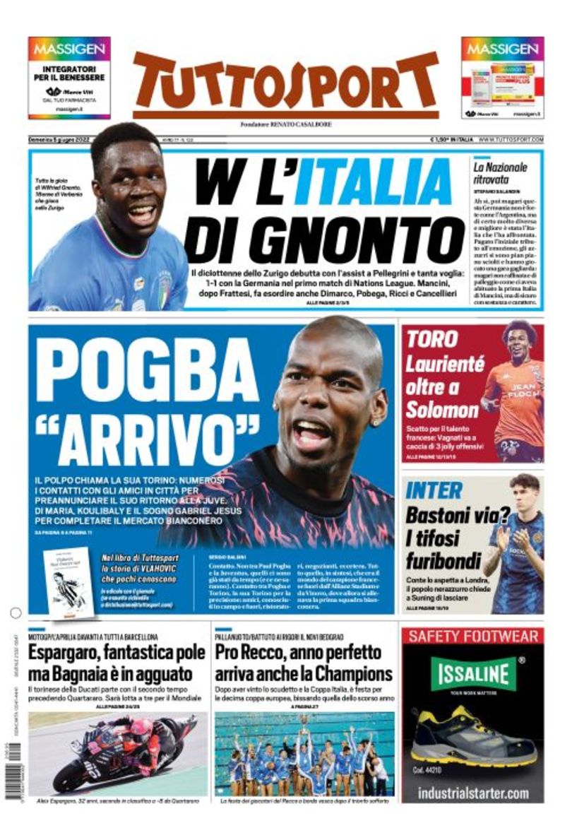 Пробуждение. Заголовки Gazzetta, TuttoSport и Corriere за 5 июня